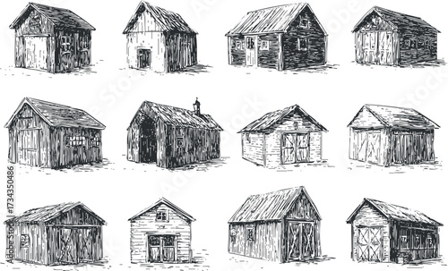 A collection of hand-drawn sketches of various rustic wooden huts and buildings..