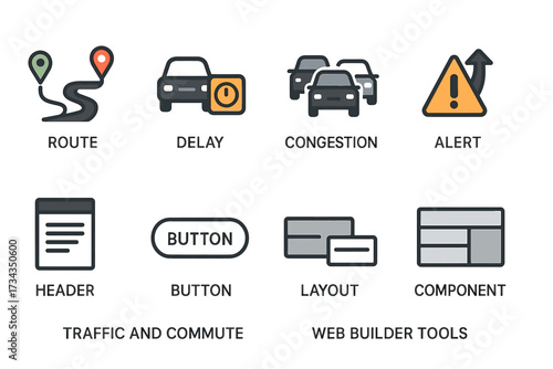 Traffic and web builder icons: route, delay, congestion, alert, header, button, layout, component