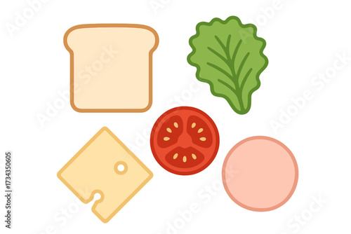 Fresh sandwich ingredients including bread, cheese, tomato, lettuce, and deli meat neatly arranged on a clean white background