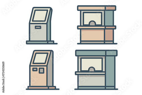 Collection of self-service kiosks and customer service counters for modern business operations and public access points