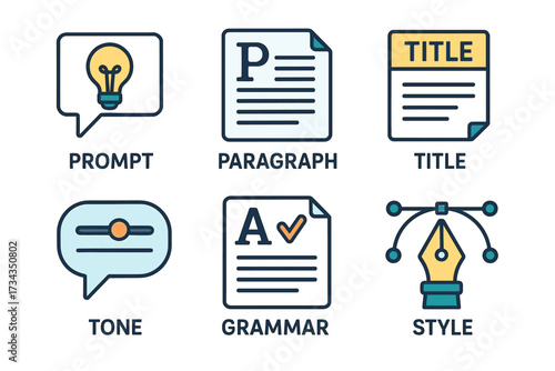 Illustrative icons for writing and design: prompt, paragraph, title, tone, grammar, style