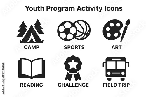 Youth program activities: camp, sports, art, reading, challenge, field trip icons