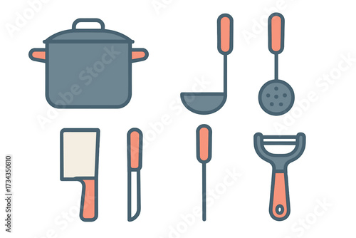 Assortment of essential kitchen utensils and cooking equipment including pot, ladle, skimmer, cleaver, knife, spatula, and peeler for culinary tasks