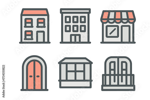 Architectural elements and building icons for urban design, city planning, real estate, and construction projects