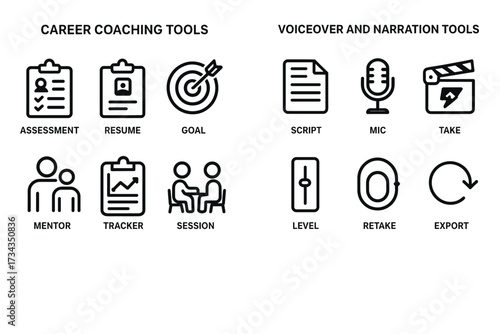 Career coaching and voiceover tool icons: assessment, script, mic, goals, mentoring