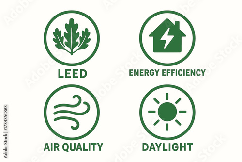 Sustainable design symbols: leed, energy efficiency, air quality, daylight