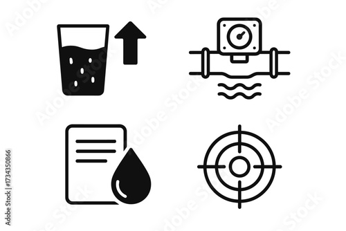 Water filtration icons: purification, pressure, analysis, target