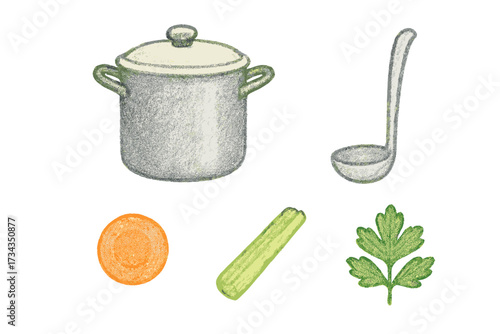 Essential kitchen cooking pot, ladle, and fresh organic vegetables like carrot, celery, parsley for healthy meal preparation