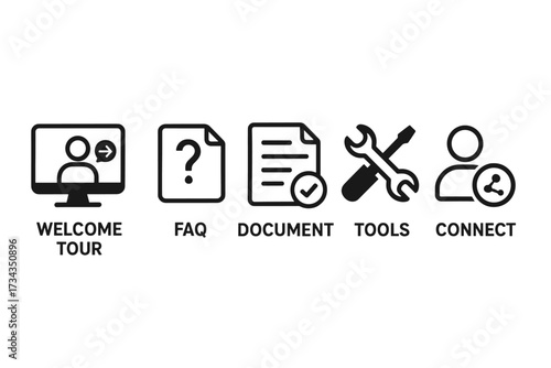 Digital icons set: welcome, faq, document, tools, connect