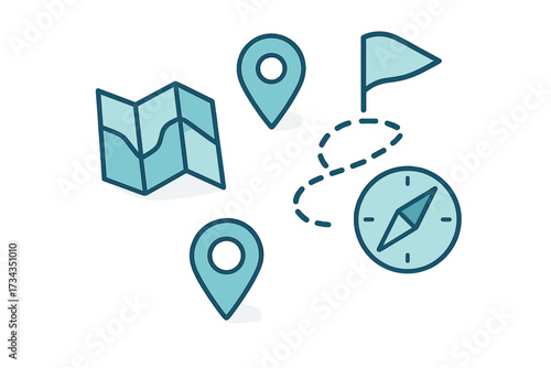 Essential navigation elements featuring a folded map, compass, and destination markers for travel and guidance