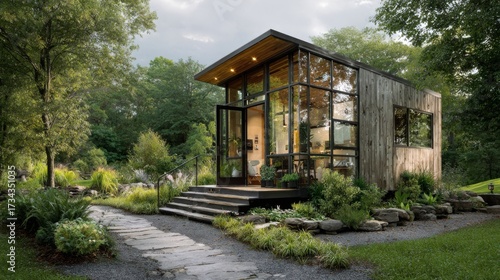 a small house with a porch and steps leading to it