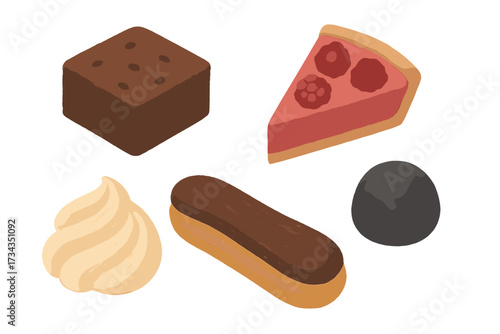 Delicious assortment of classic French pastries, chocolate brownie, raspberry tart, and sweet confectionery items