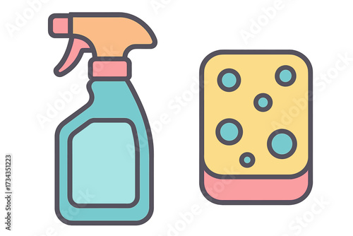 Essential household cleaning supplies featuring a spray bottle and a scrubbing sponge for daily tasks
