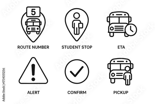 School bus icons: route number, student stop, eta, alert, confirm, pickup