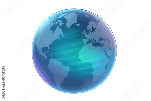 Modern stylized transparent globe showing world map continents with abstract blue green glowing light streaks and purple accents