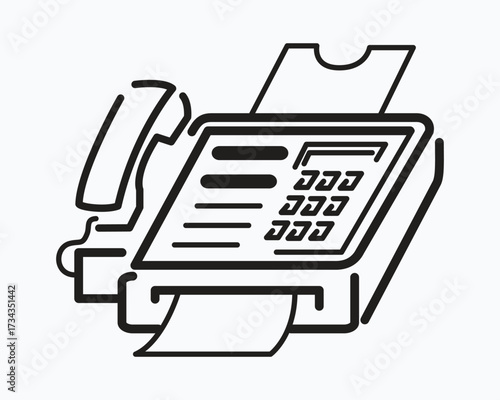 Line art illustration of a fax machine with a handset and paper output, isolated on white background