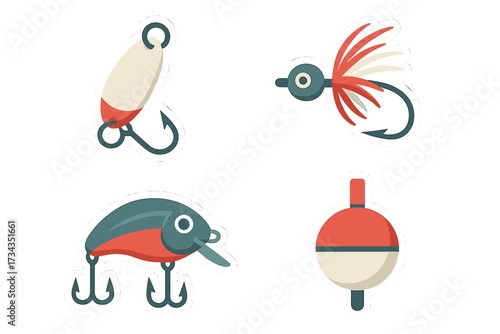 Diverse collection of fishing tackle equipment featuring various lures, a fishing fly, and a traditional bobber for recreational angling activities