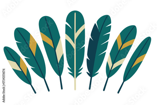 Arrangement of stylized decorative feathers with abstract geometric patterns in teal, gold, and cream colors, natural elements