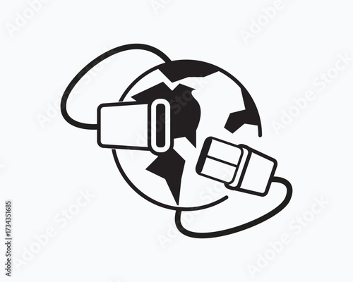 Stylized illustration of a globe with virtual reality headset and cables, representing global connectivity and immersive technology