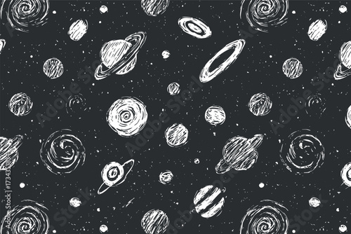 Hand-drawn illustration of planets and galaxies in a seamless space-themed pattern..