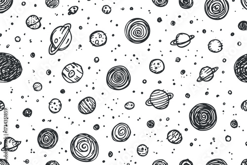 A whimsical hand-drawn illustration of various planets and stars in a cosmic pattern..
