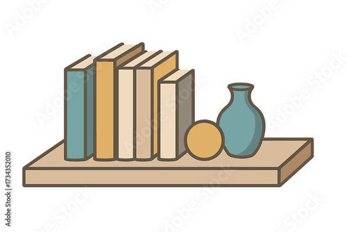 Minimalist shelf display featuring a collection of books, a decorative vase, and a round object in warm colors