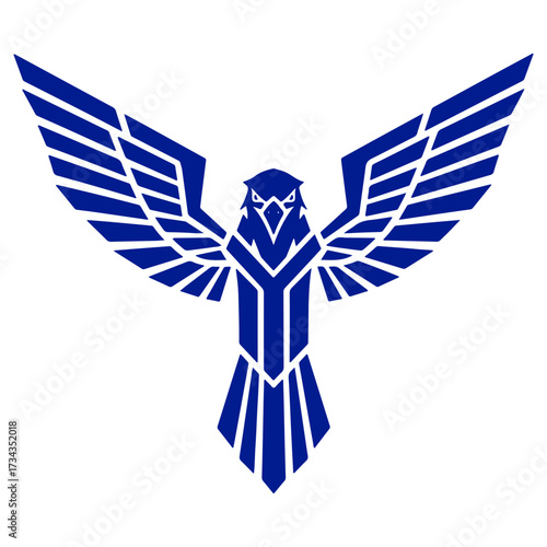 A stylized blue hawk or eagle with wings spread wide. A modern and geometric bird symbol for concepts like freedom, vision, and power. Isolated icon.
