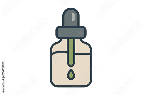 Dropper bottle containing liquid with a single drop falling from the pipette for medical, scientific, or cosmetic applications