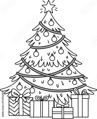Black and white outline of a decorated Christmas tree with presents below holiday festive