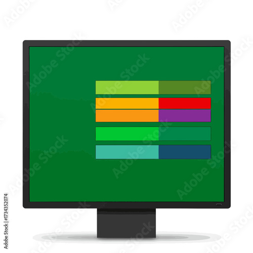 Vector illustration of a modern computer monitor displaying colorful progress bars against a green screen background