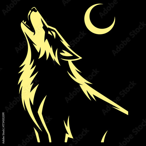 A lone wolf howling at the crescent moon in the night. A striking silhouette design representing wilderness, freedom, and instinct. Isolated artwork.