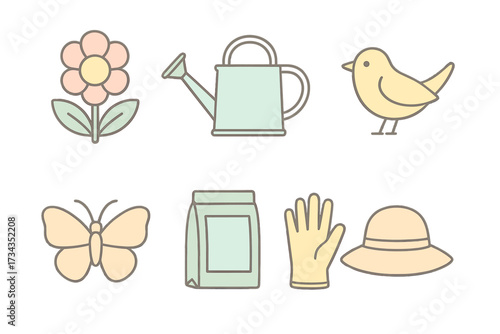 Assortment of pastel colored gardening tools and nature elements including flower, bird, and butterfly