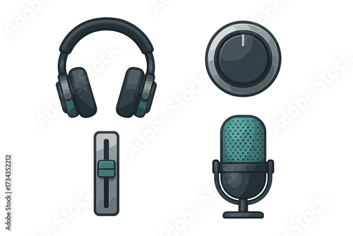 Modern audio equipment set featuring headphones, microphone, volume knob, and fader for sound production and music projects