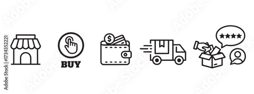 E-commerce Process Line Icons Showing Online Shopping and Delivery Flow