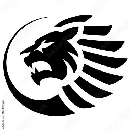 A fierce lion head logo with a stylized mane forming a circular shape. A powerful black emblem representing courage and royalty. Isolated symbol.