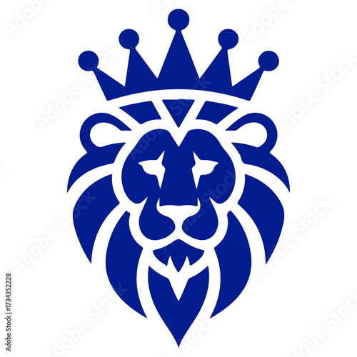 A regal lion head wearing a crown. A blue emblem representing royalty, leadership, and nobility. A kingly mascot logo design. Isolated artwork.