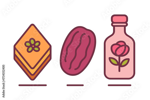 Traditional Middle Eastern baklava pastry, sweet date fruit, and aromatic rose water bottle collection
