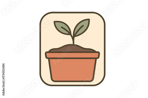 Fresh green plant sprout with two leaves in a brown pot filled with soil, symbolizing new life and gardening