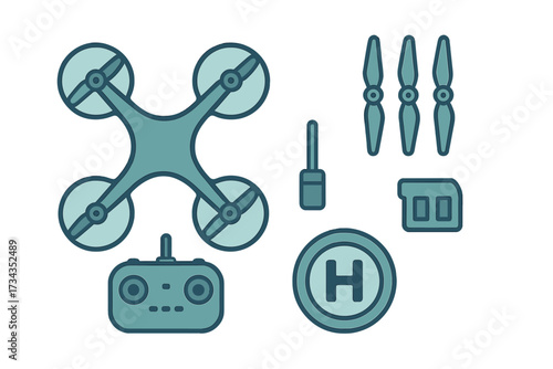 Essential drone equipment set featuring a quadcopter, remote control, spare propellers, battery, and a landing pad symbol