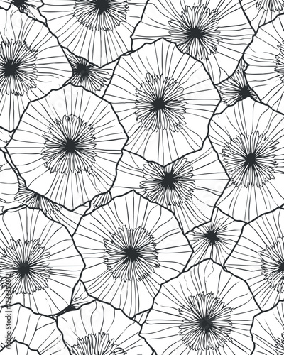 A detailed black and white illustration of poppy flowers arranged in a seamless pattern..