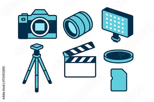 Photography and videography equipment icons including camera, lens, tripod, light, clapperboard, filter, and memory card