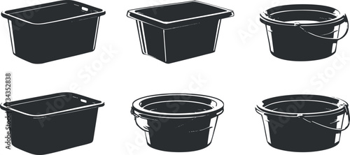 A collection of various black plastic buckets showcasing different shapes and sizes for versatile use..