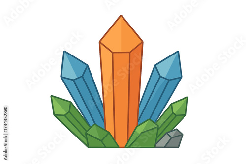 Brightly colored mineral crystal formation with faceted gemstones in vibrant orange, blue, and green hues, showcasing a natural geological display