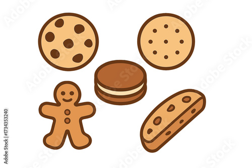 Assortment of delicious baked cookies and sweet treats including gingerbread man, chocolate chip, and sandwich cookies