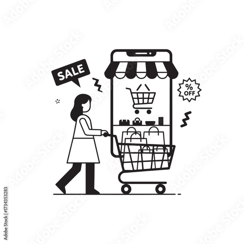 Online Shopping Icon with Woman and Smartphone Sale Concept