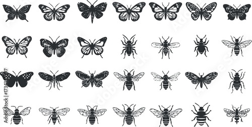 A collection of black and white illustrations featuring various butterflies and bees in detailed designs..