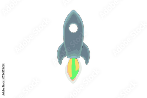 Sleek stylized space rocket launching upwards with vibrant colorful exhaust flames against a white background