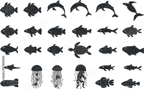 A collection of black silhouettes depicting various fish and marine creatures including jellyfish and turtles..