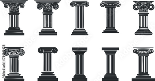 A collection of ten classical architectural columns showcasing various designs and styles..