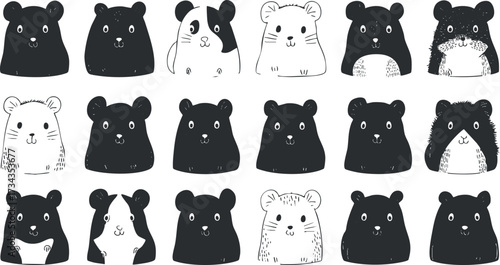 A playful and whimsical illustration featuring a variety of cute hamsters in black and white..